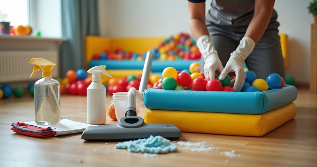 Profissional limpando piscina de bolinhas colorida com aspirador e panos