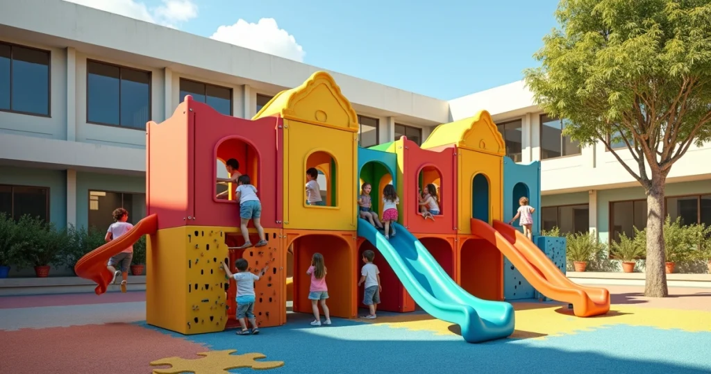 Crianças brincam em brinquedo modular colorido em pátio de escola