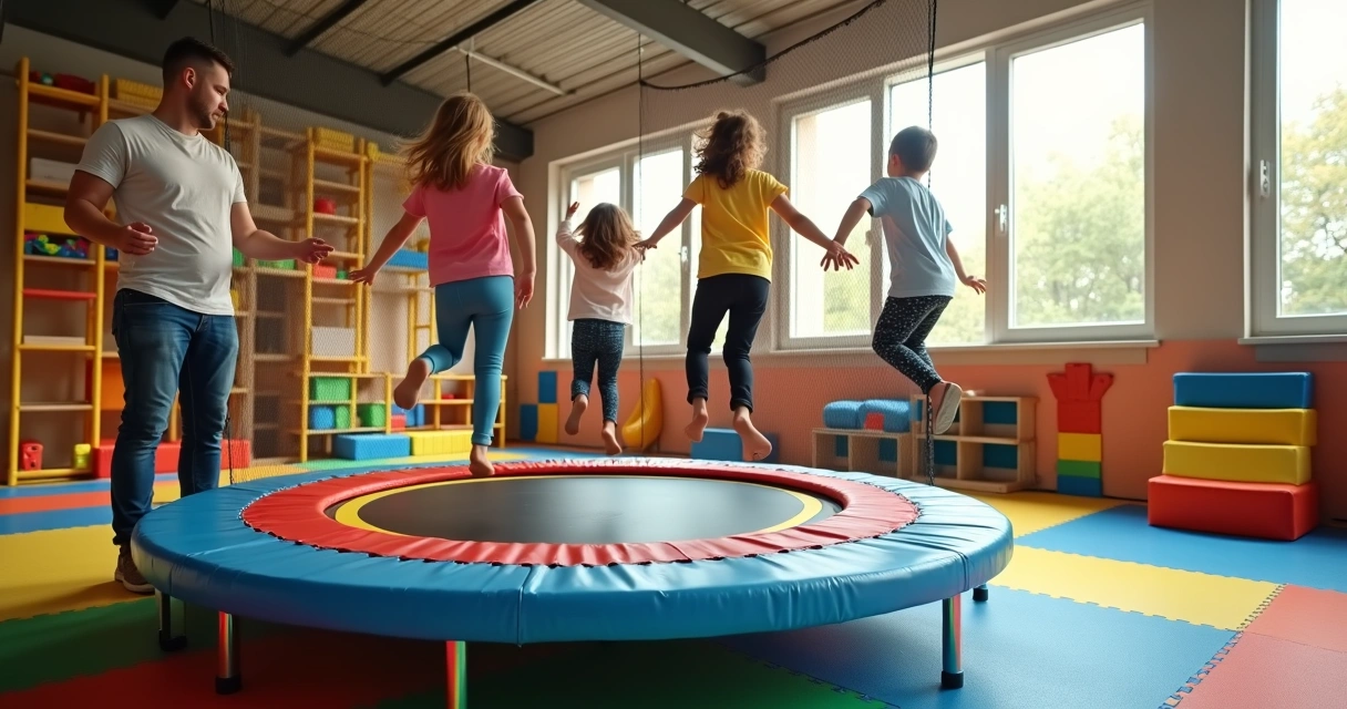 Crianças brincando em cama elástica colorida em espaço infantil interno