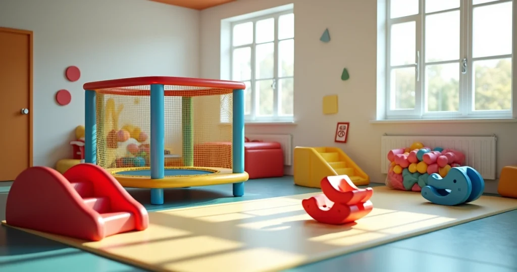Visão aérea de kit de brinquedos montado em área de recreação infantil