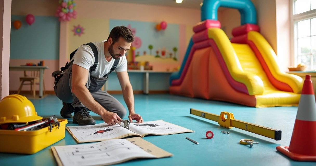 Técnico ajustando fixação de brinquedo inflável em salão de buffet infantil