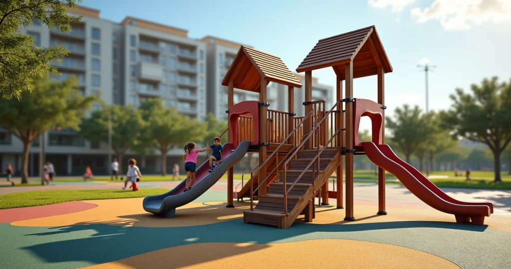 Playground de madeira e madeira plástica em parque infantil ao ar livre