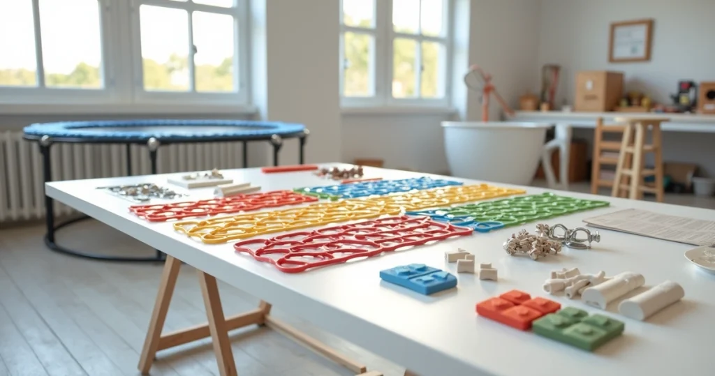 Conjunto de acessórios para brinquedos infantis organizados sobre mesa branca